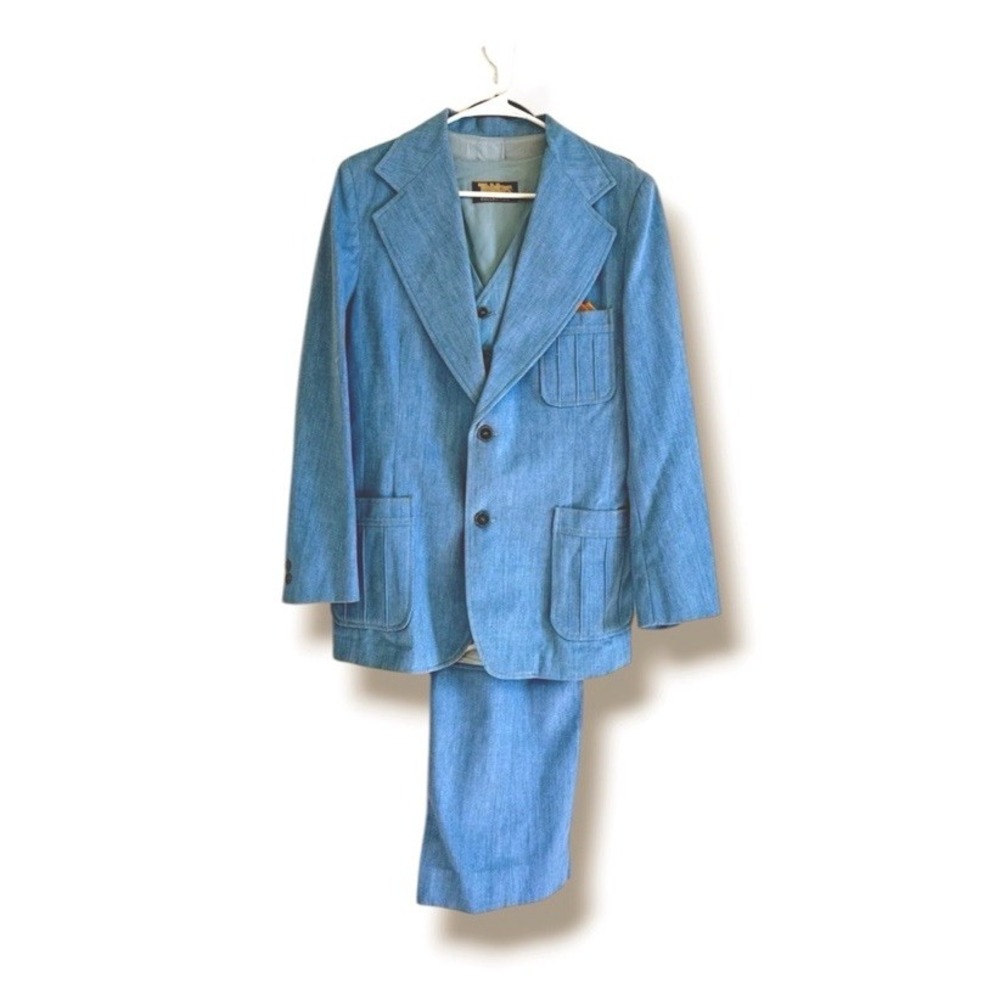 Tobias LA Men's VTG 70s Light Blue Denim Look Leisure Suit Three Piece Size 42